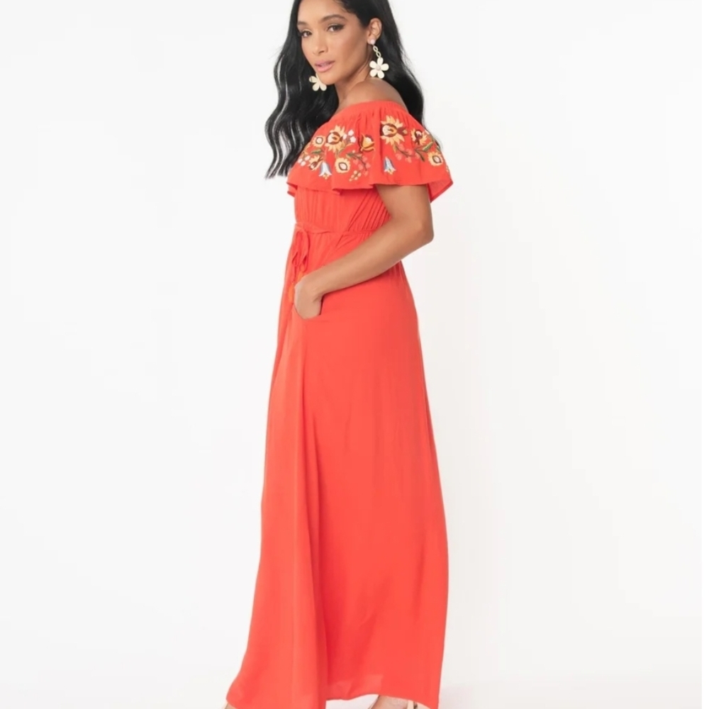 Unique Vintage Red Floral Maxi Dress